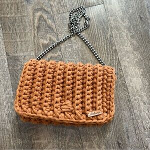 Ateliana Crochet Orange Snap Closure Chain Shoulder Bag